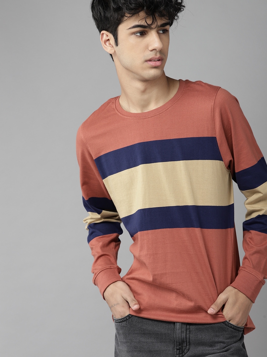 

UTH by Roadster Boys Rust Red & Beige Striped Pure Cotton T-shirt