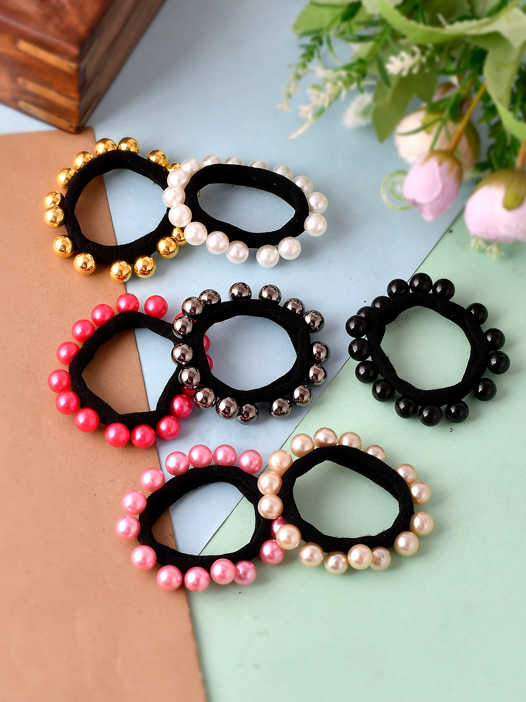 

Silvermerc Designs Women Pink & Grey Set of 7 Beaded Ponytail Holders
