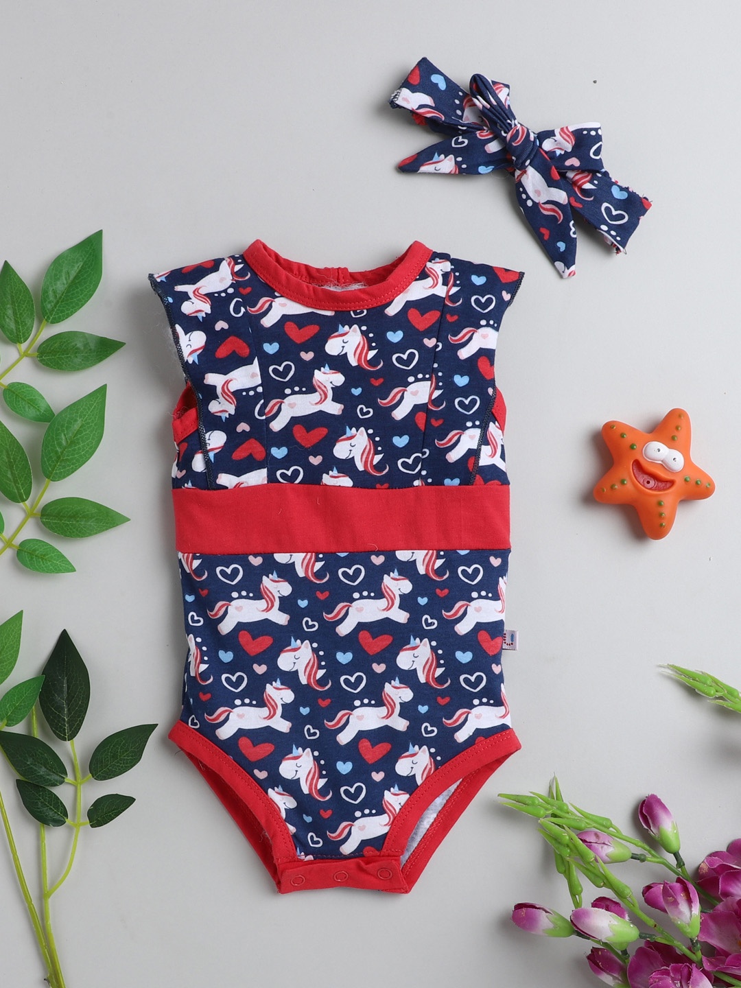 

BUMZEE Girls Navy Blue & Red Printed Pure Cotton Bodysuit