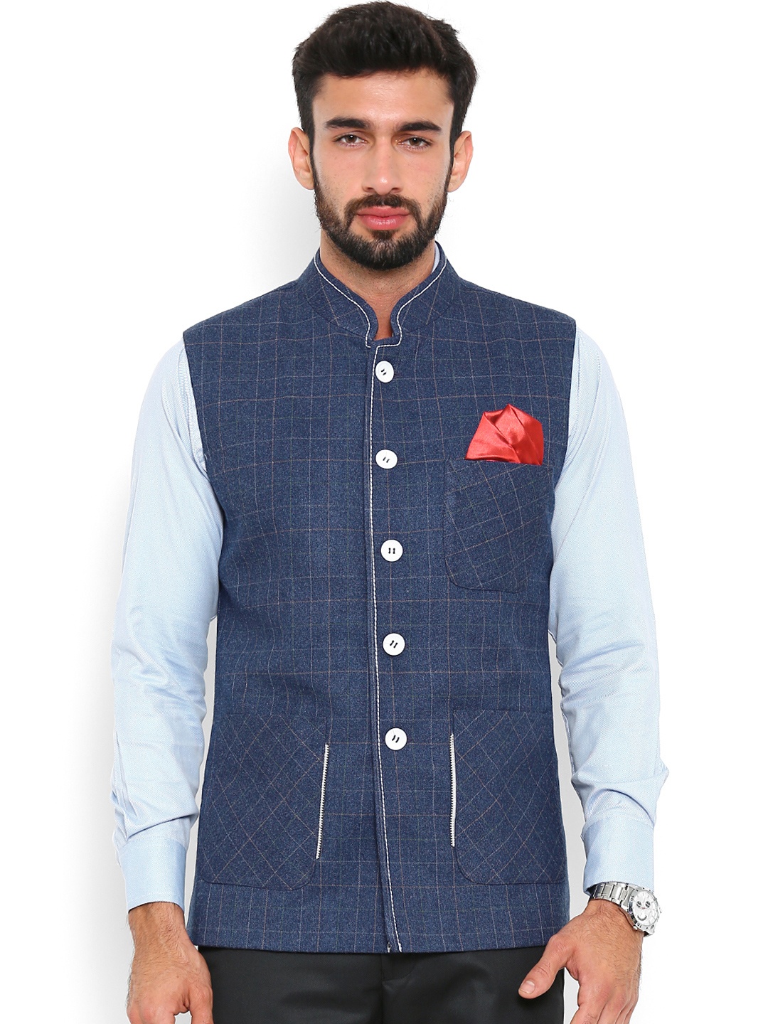 

Shaftesbury London Blue Checked Nehru Jacket