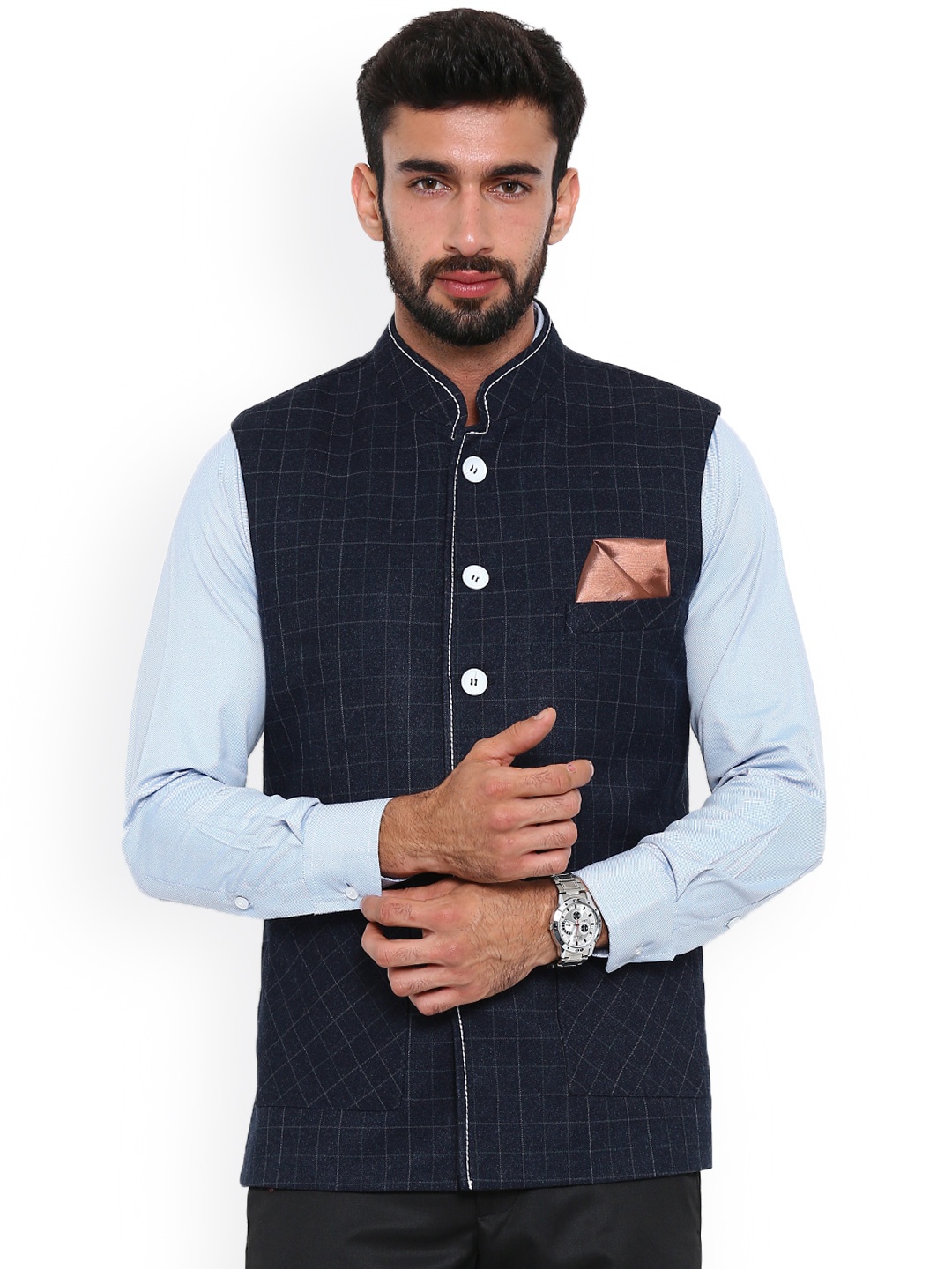 

Shaftesbury London Navy Checked Nehru Jacket, Navy blue