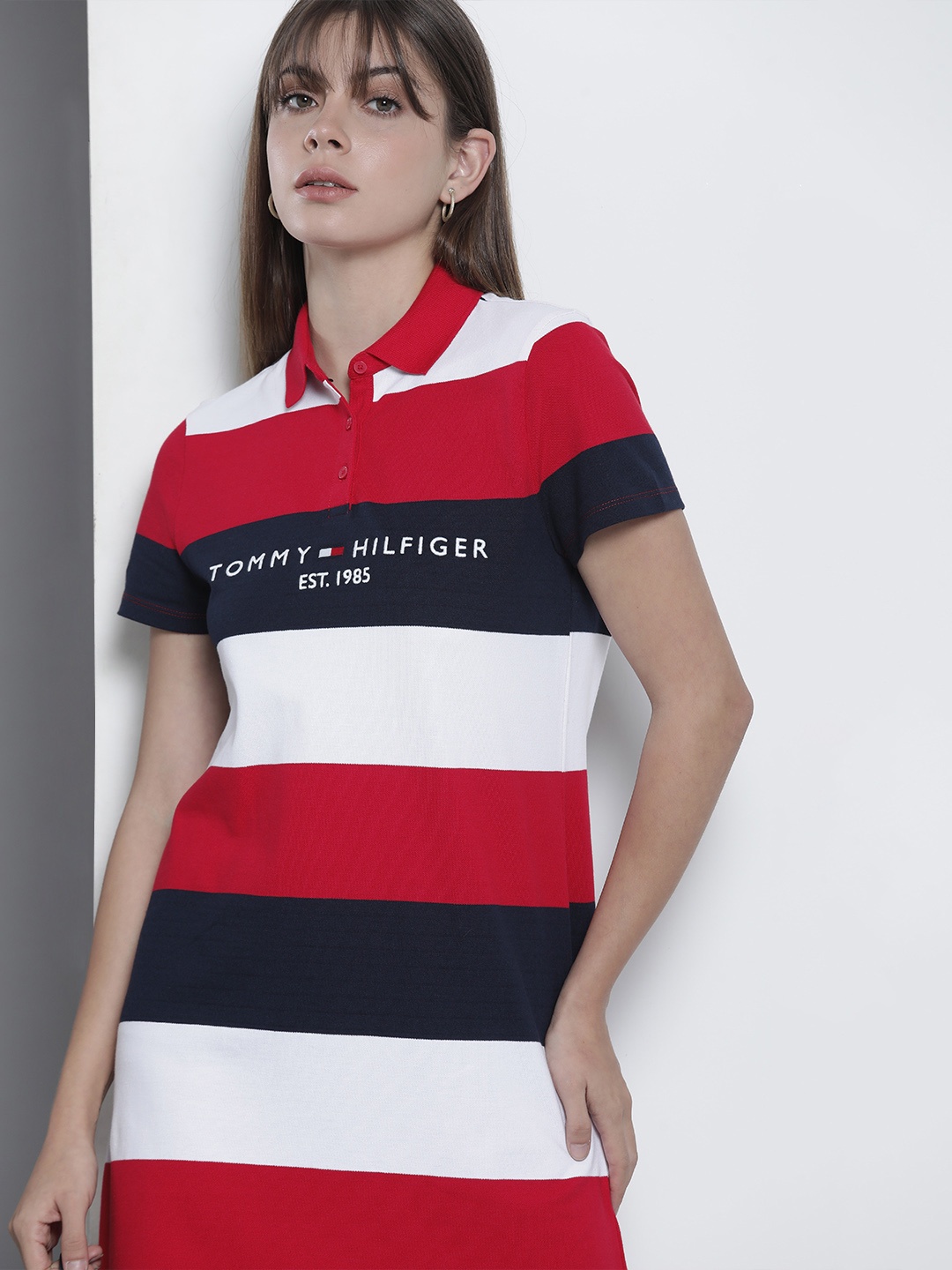 

Tommy Hilfiger Women Navy Blue & Red Striped Polo-Collar T-shirt Dress