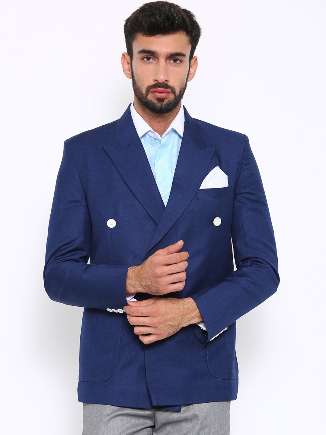 

Shaftesbury London Blue Regular Fit Double-Breasted Casual Pure Cotton Blazer