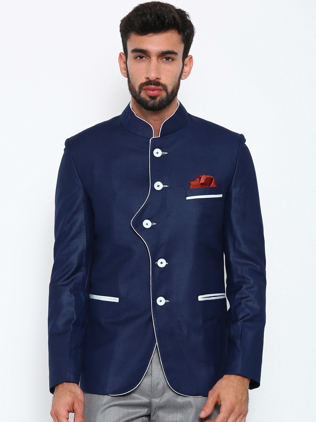 

Shaftesbury London Blue Single-Breasted Regular Fit Pure Cotton Bandhgala