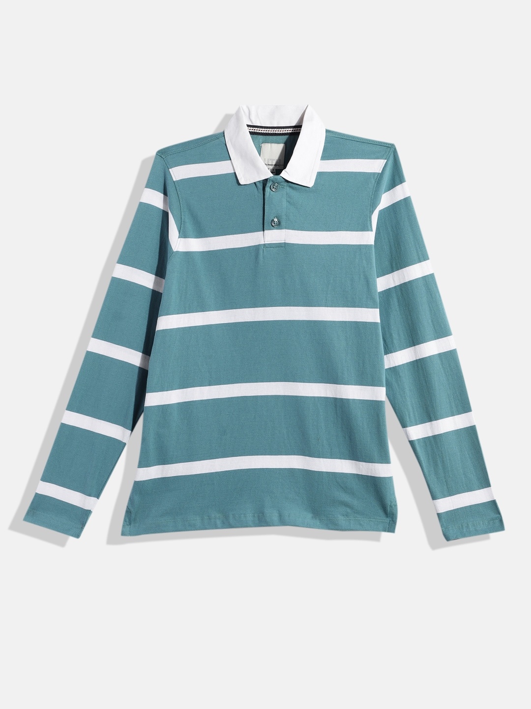 

UTH by Roadster Boys Blue & White Striped Polo Collar Pure Cotton T-shirt