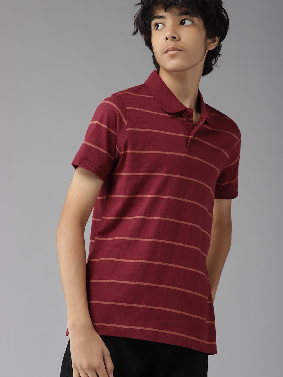 

UTH by Roadster Boys Maroon & Coral Orange Striped Polo Collar Pure Cotton T-shirt