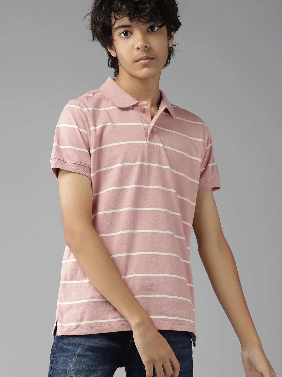 

UTH by Roadster Boys Pink & Off-White Striped Polo Collar Pure Cotton T-shirt
