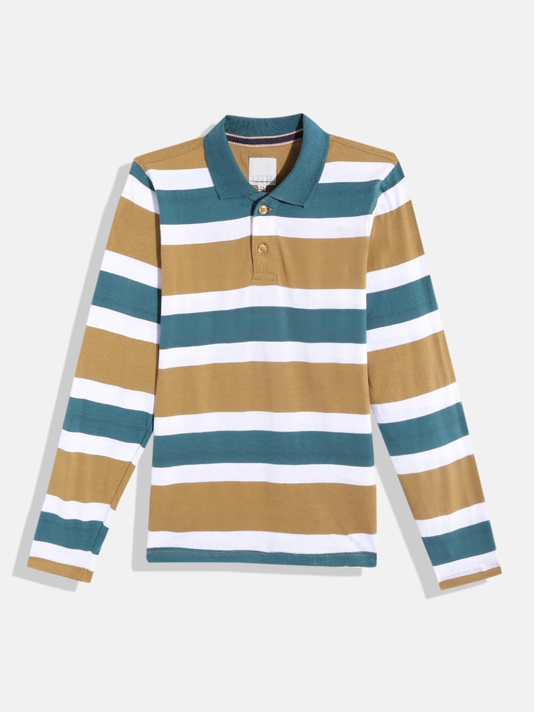 

UTH by Roadster Teen Boys Striped Polo Collar Pure Cotton T-shirt, White