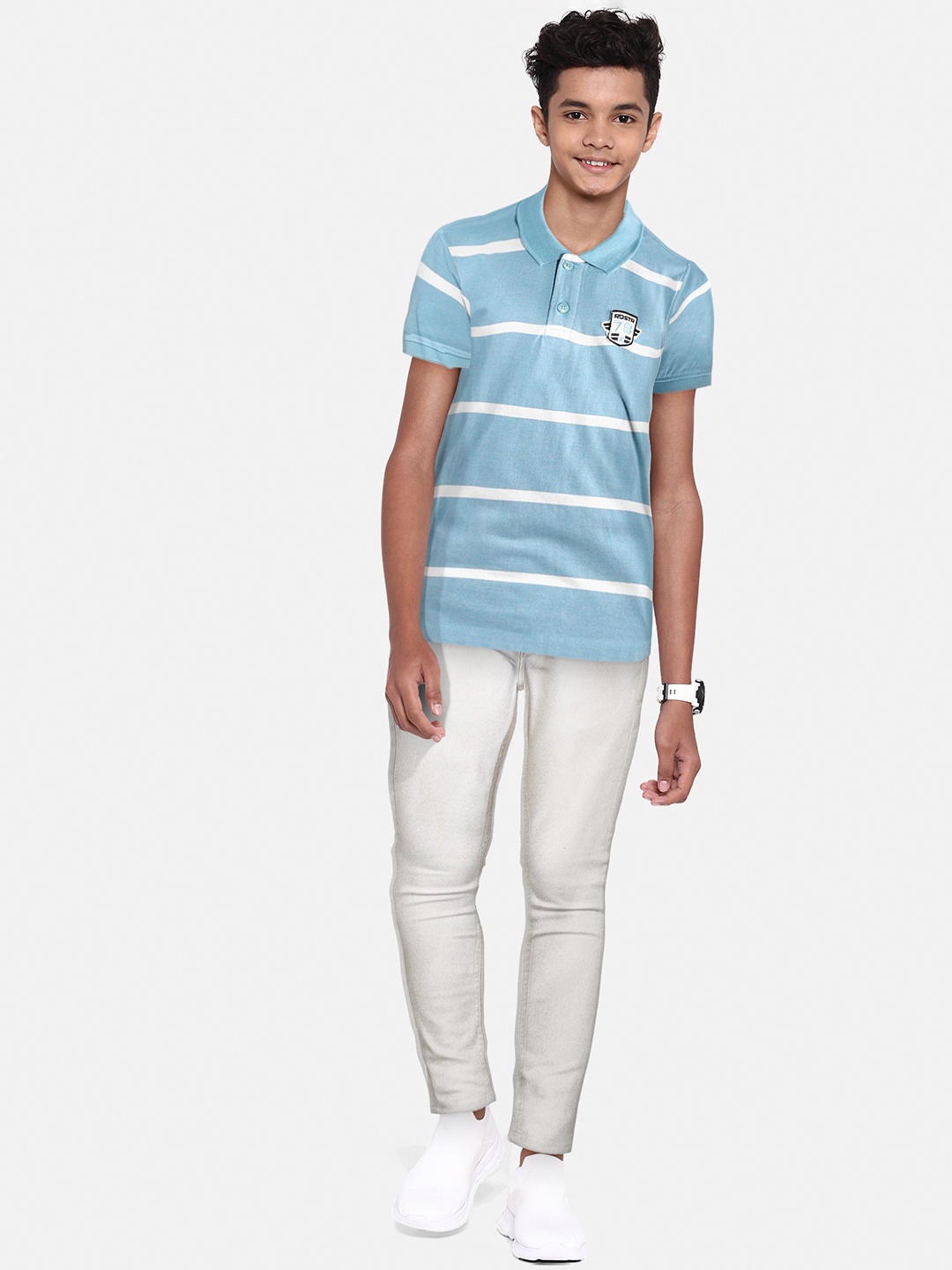 

UTH by Roadster Boys Blue & White Striped Polo Collar Applique T-shirt