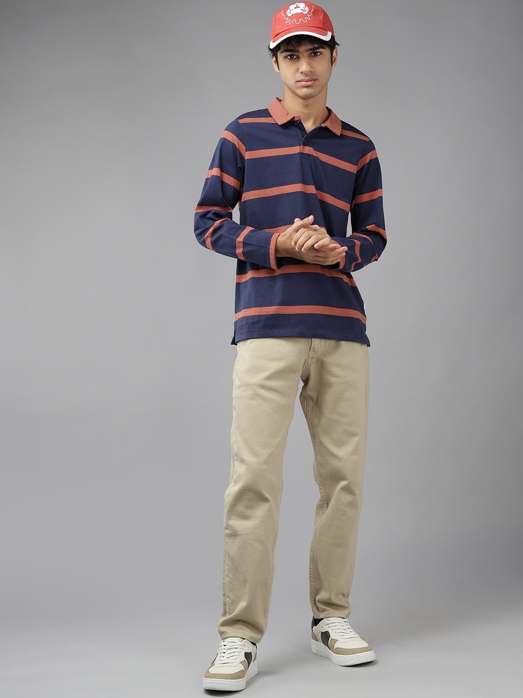 

UTH by Roadster Boys Navy Blue & Rust Orange Striped Polo Collar Pure Cotton T-shirt