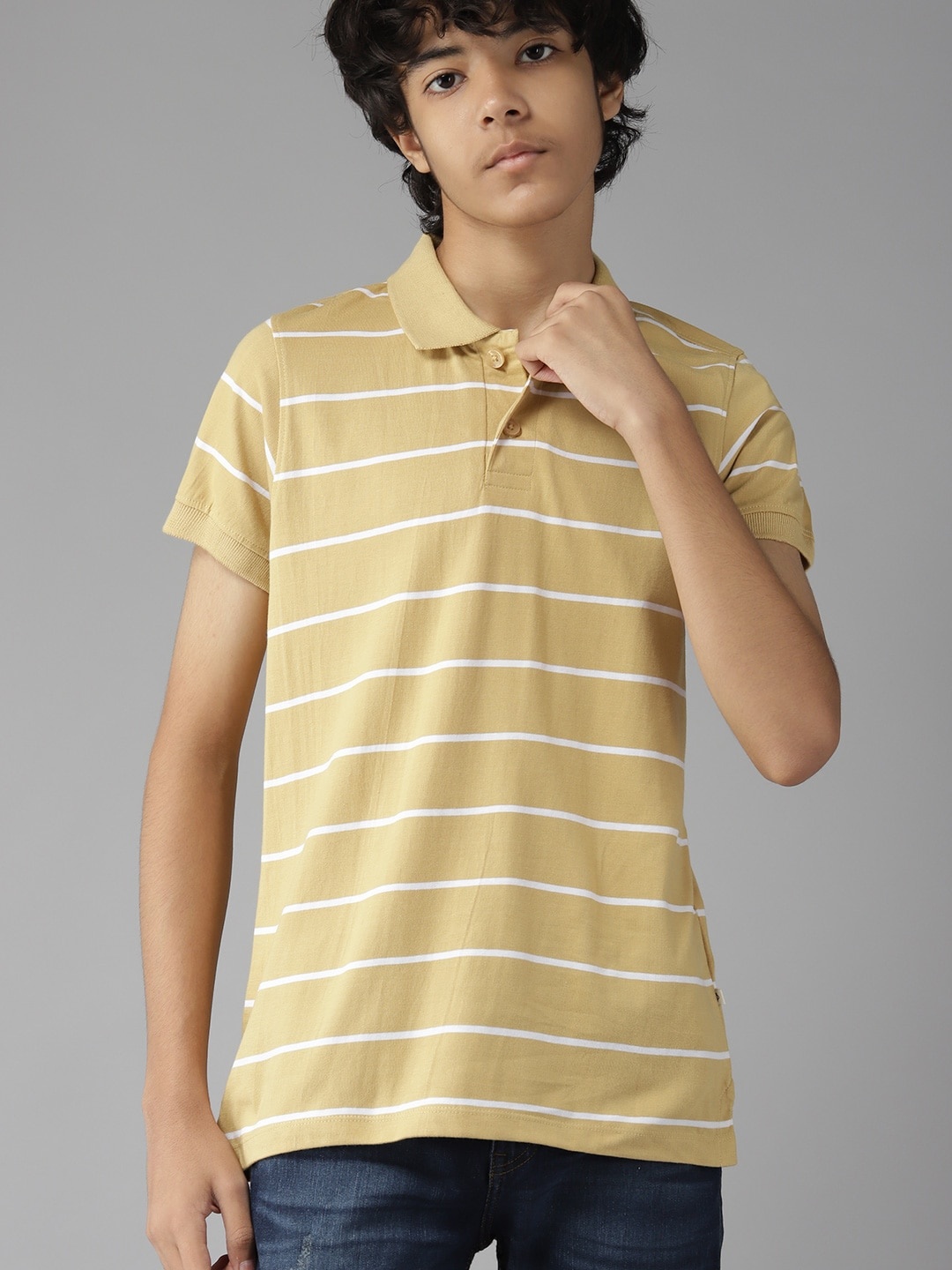 

UTH by Roadster Boys Beige & White Striped Polo Collar Pure Cotton T-shirt