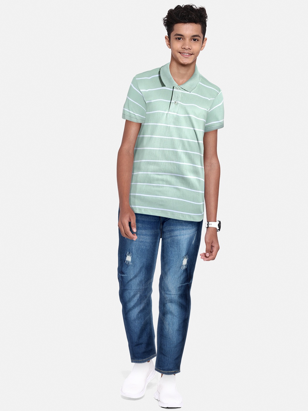 

UTH by Roadster Boys Mint Green & White Striped Polo Collar Pure Cotton T-shirt