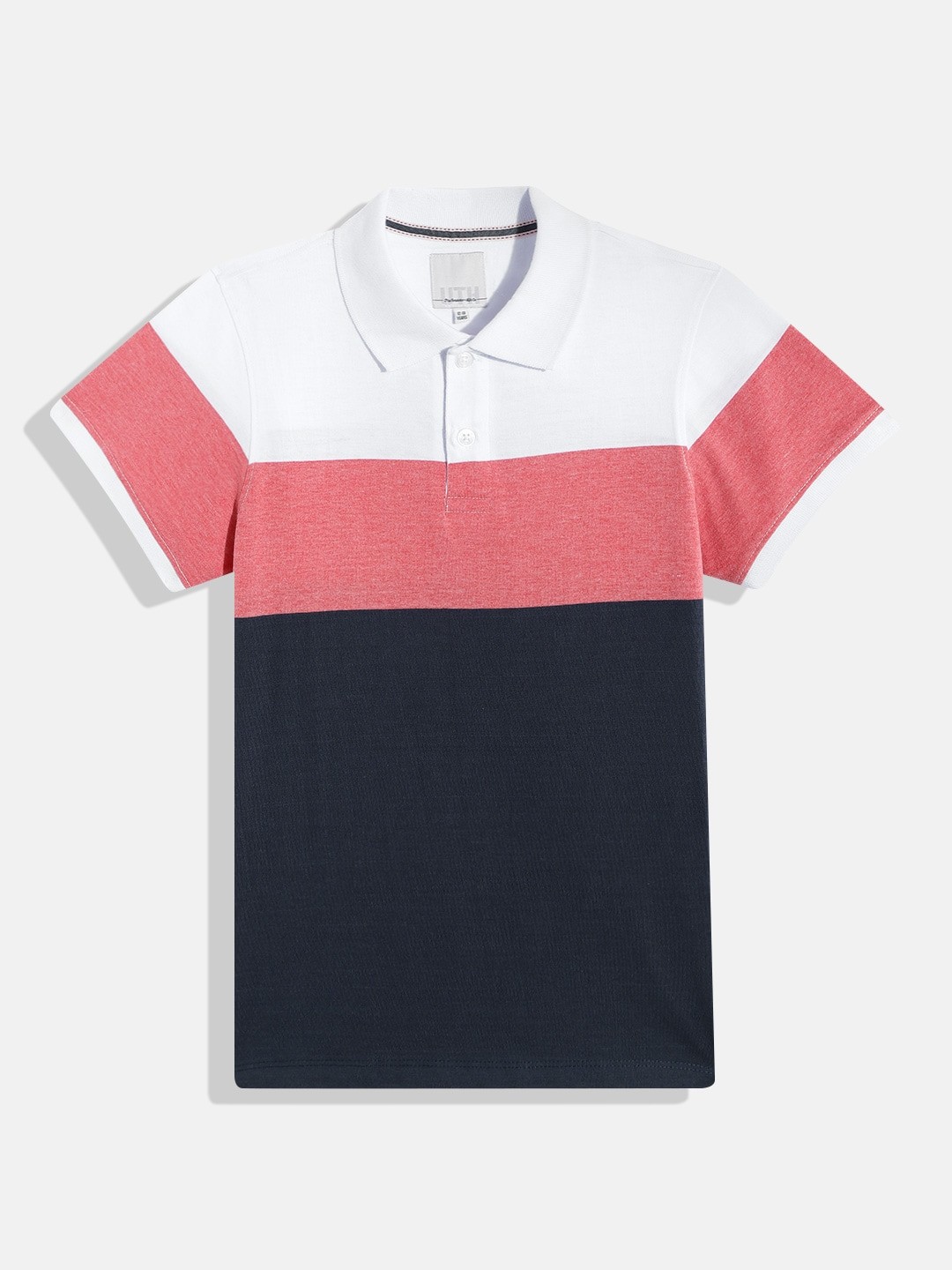 

UTH by Roadster Teen Boys Navy Blue & Pink Colourblocked Polo Collar T-shirt