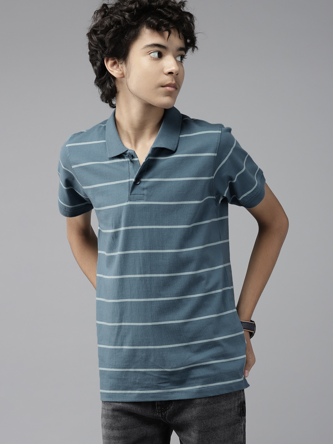 

UTH by Roadster Boys Blue Striped Polo Collar Pure Cotton T-shirt