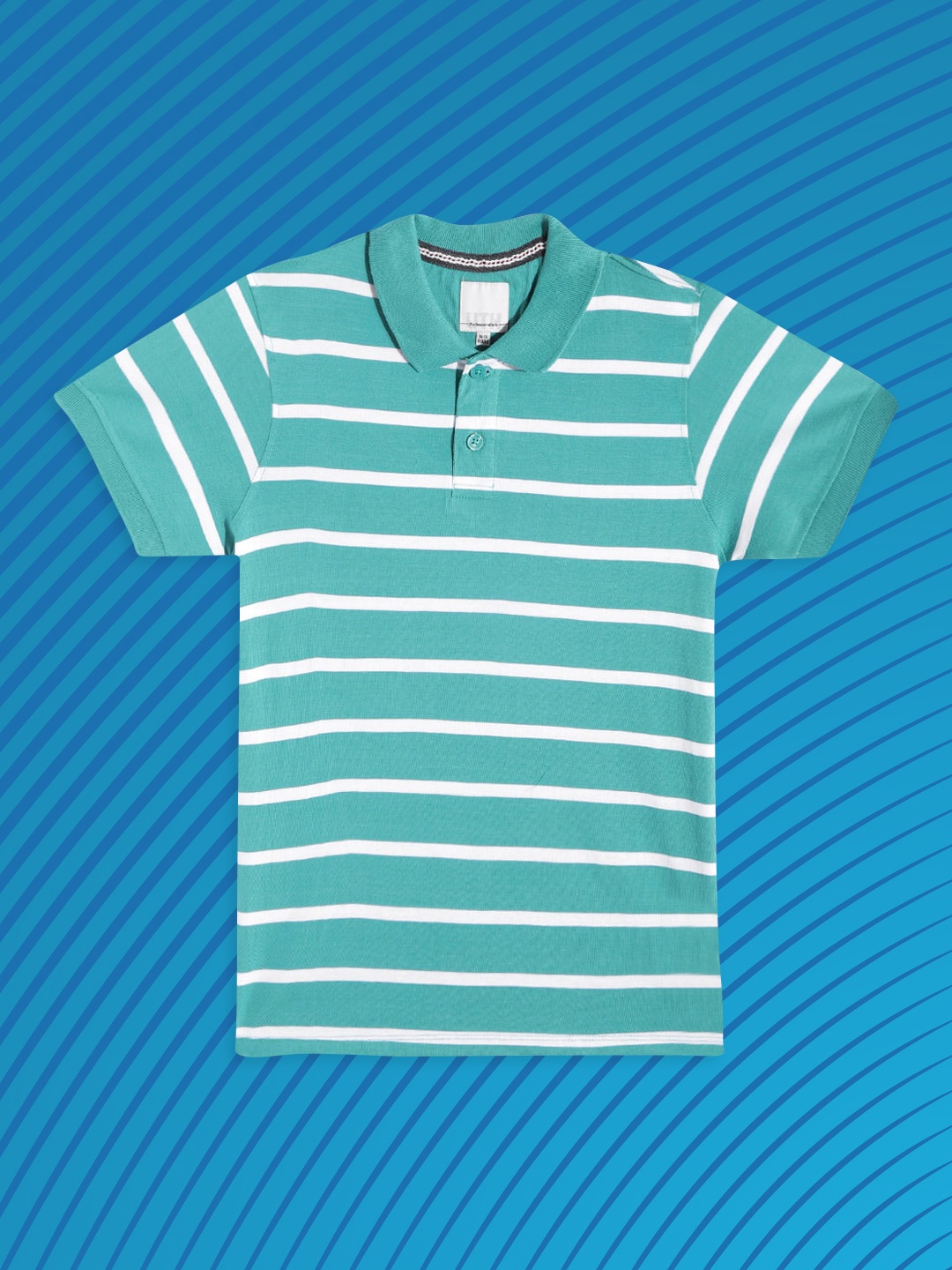 

UTH by Roadster Boys Green & White Striped Polo Collar Pure Cotton T-shirt