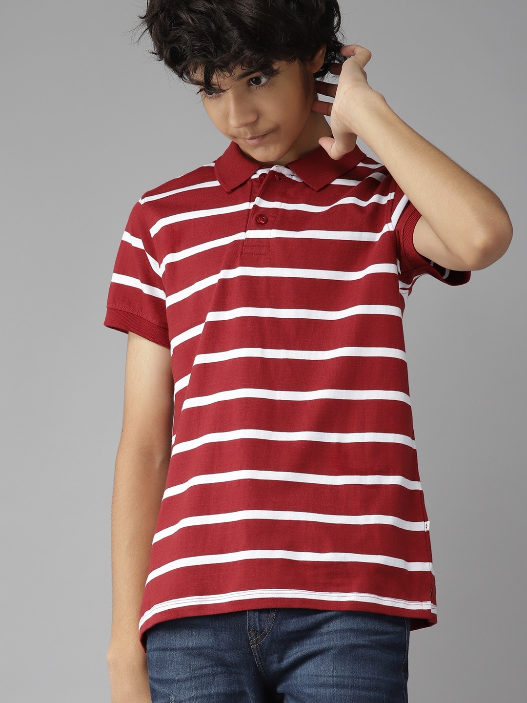 

UTH by Roadster Boys Maroon & White Striped Polo Collar Pure Cotton T-shirt