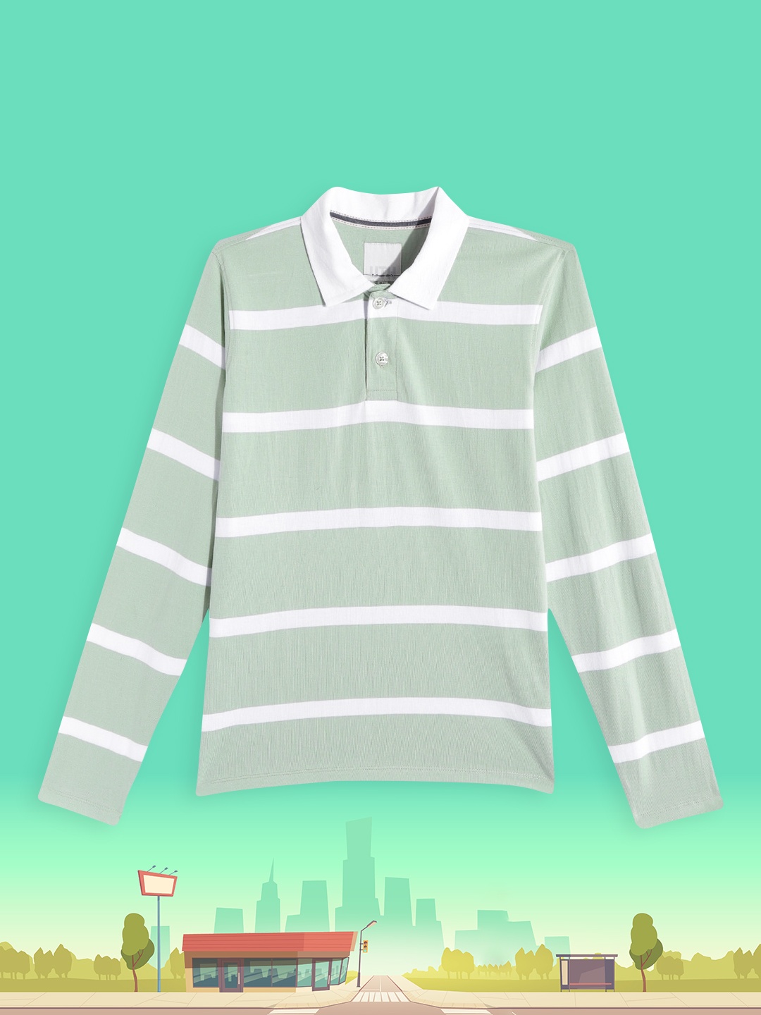 

UTH by Roadster Boys Mint Green & White Striped Polo Collar Pure Cotton T-shirt