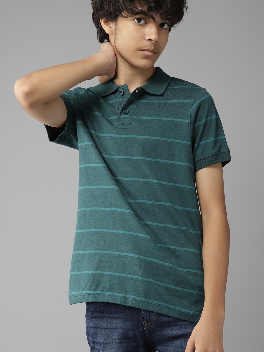 

UTH by Roadster Boys Green Striped Polo Collar Pure Cotton T-shirt