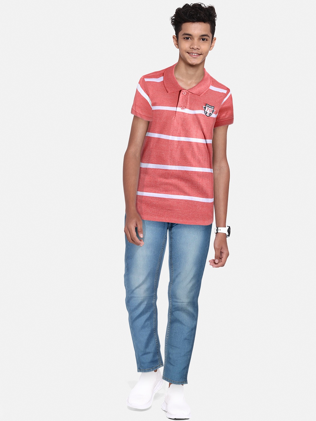 

UTH by Roadster Boys Peach-Coloured & White Striped Polo Collar T-shirt