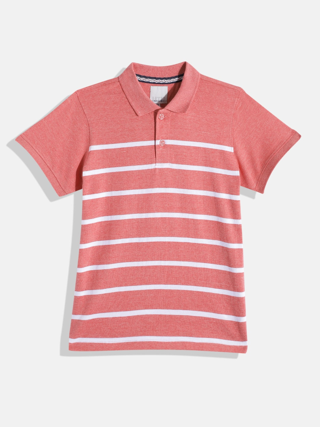 

UTH by Roadster Teen Boys Coral Pink & White Striped Polo Collar T-shirt
