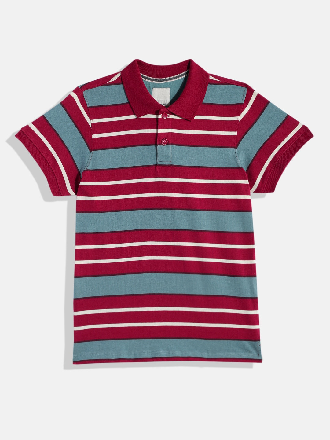 

UTH by Roadster Boys Striped Pure Cotton Polo Collar T-shirt, Red