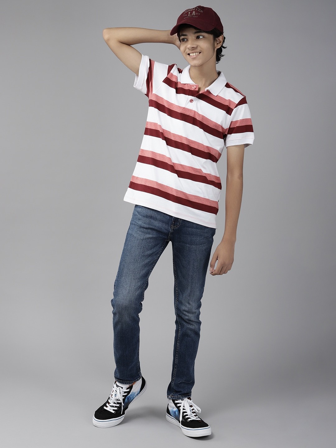 

UTH by Roadster Boys White & Maroon Striped Polo Collar T-shirt