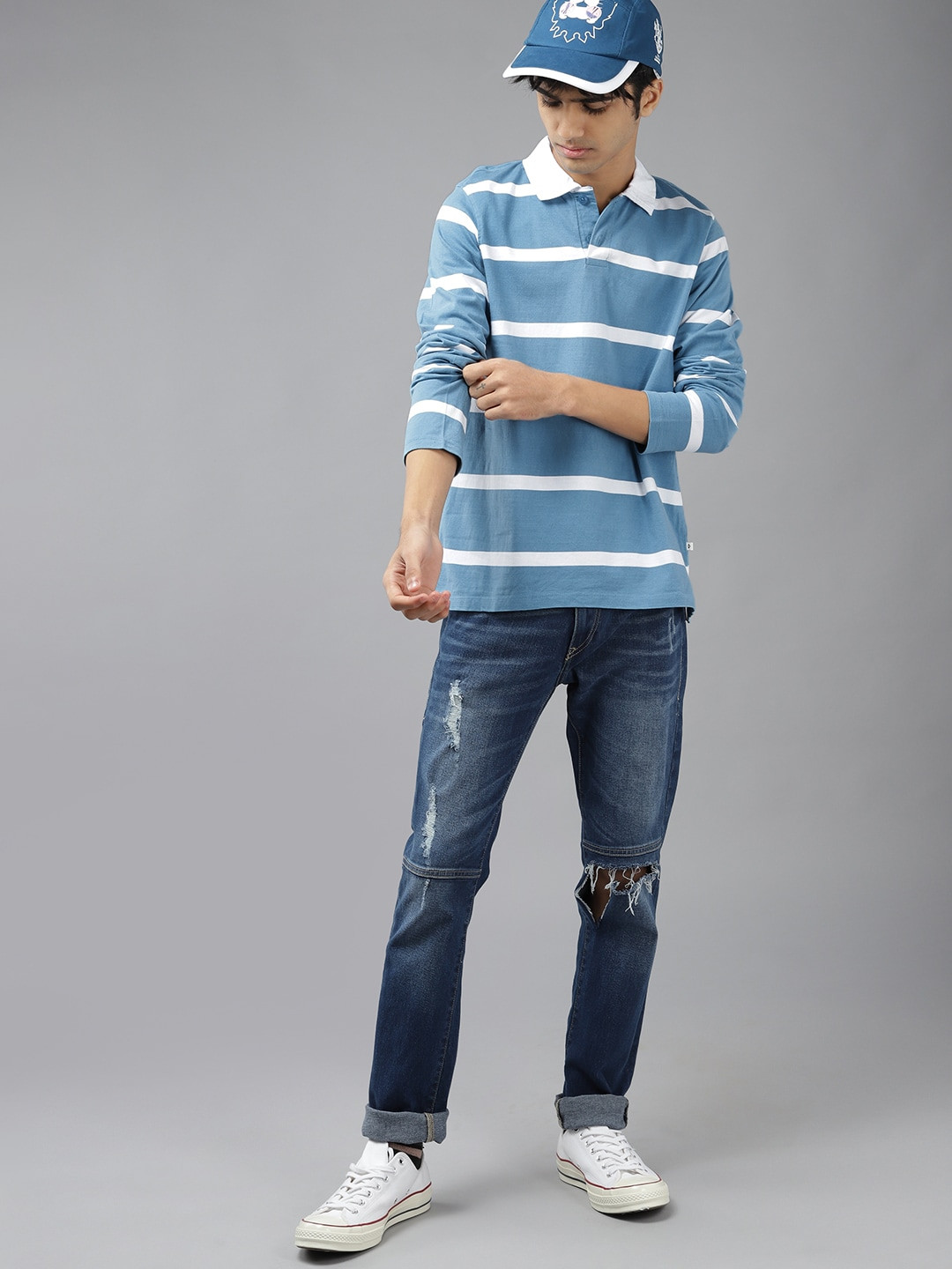 

UTH by Roadster Boys Blue & White Striped Polo Collar Pure Cotton T-shirt