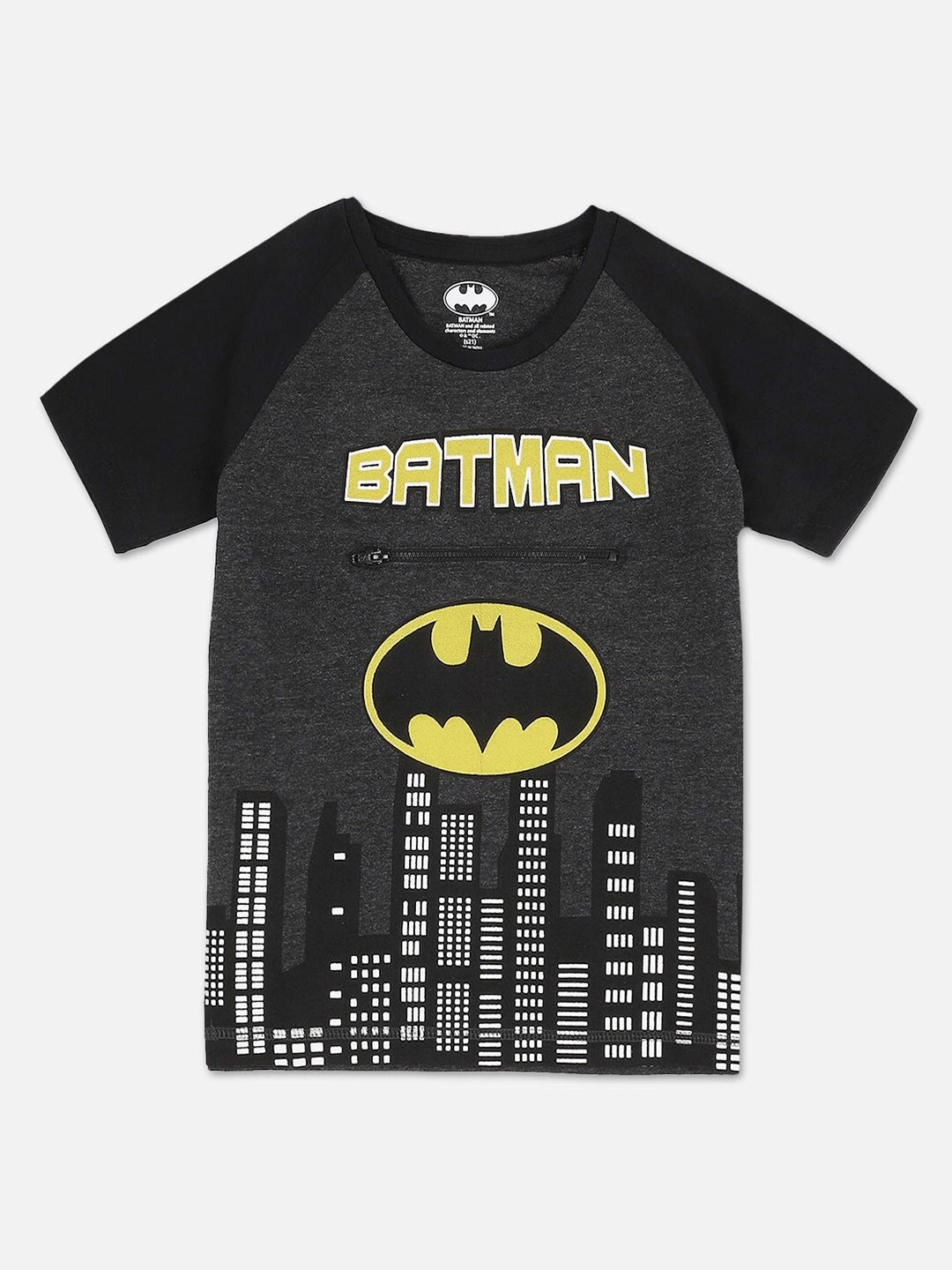 

Kids Ville Boys Grey & Black Batman Printed Raglan Sleeves T-shirt