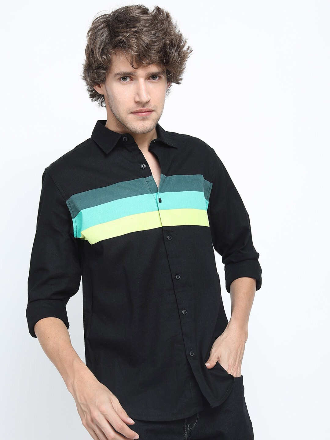 

KETCH Men Black & Sea Green Slim Fit Striped Cotton Casual Shirt