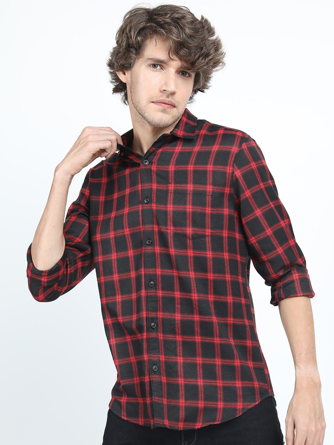 

KETCH Men Black & Red Slim Fit Tartan Checks Checked Casual Shirt