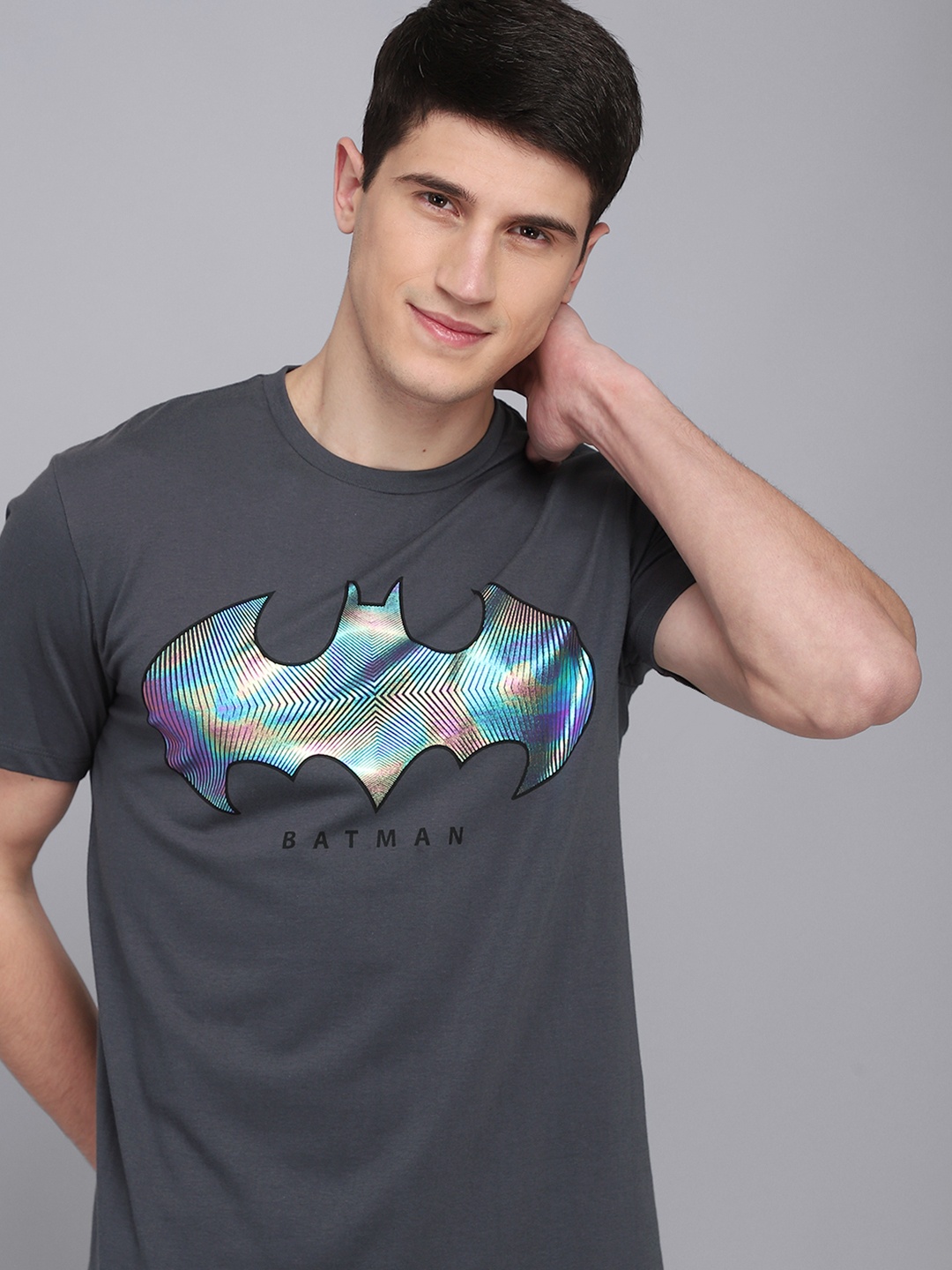 

Free Authority Men Grey & Silver-Toned Batman Printed Pure Cotton T-shirt