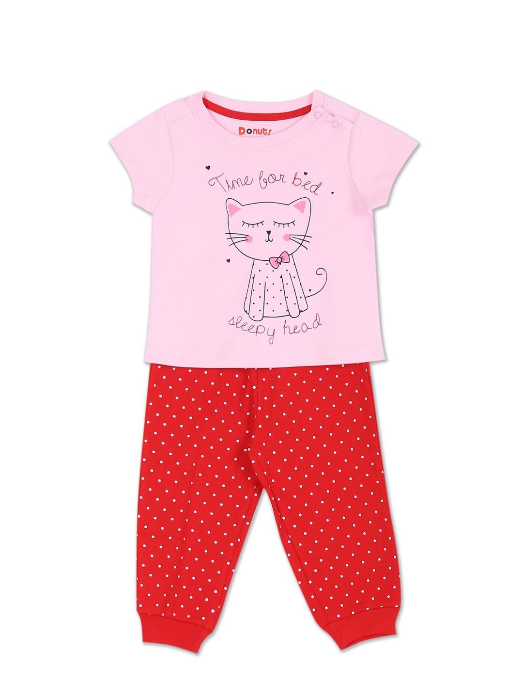 

Donuts Girls Pink & Red Printed T-shirt with Pyjamas