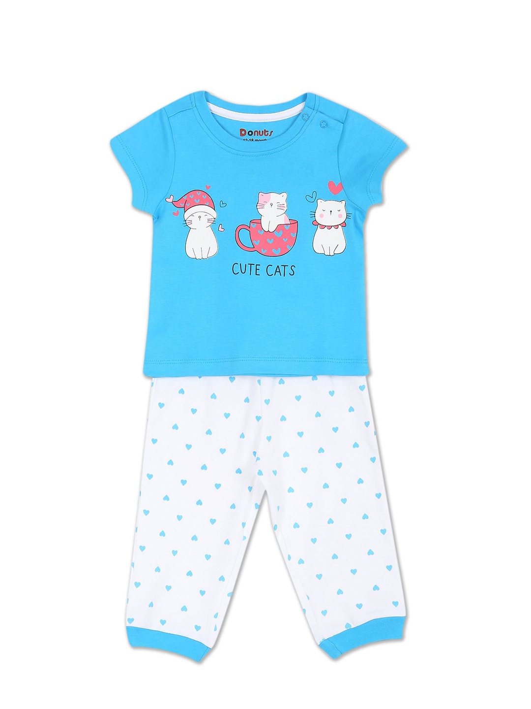 

Donuts Girls Blue & White Printed Pure Cotton T-shirt with Trousers