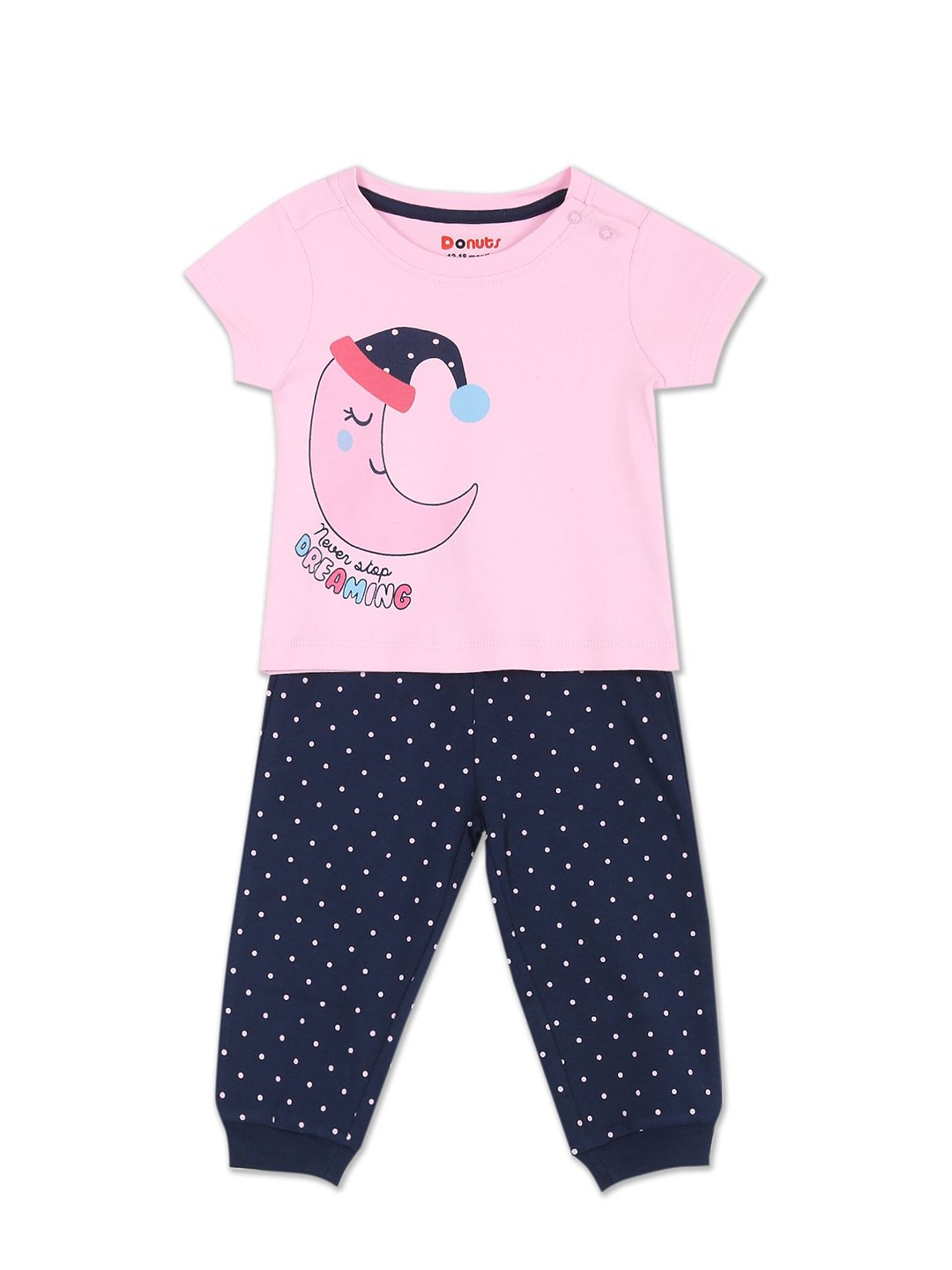 

Donuts Girls Assorted Graphic Printed Pure Cotton T-Shirt And Joggers Set