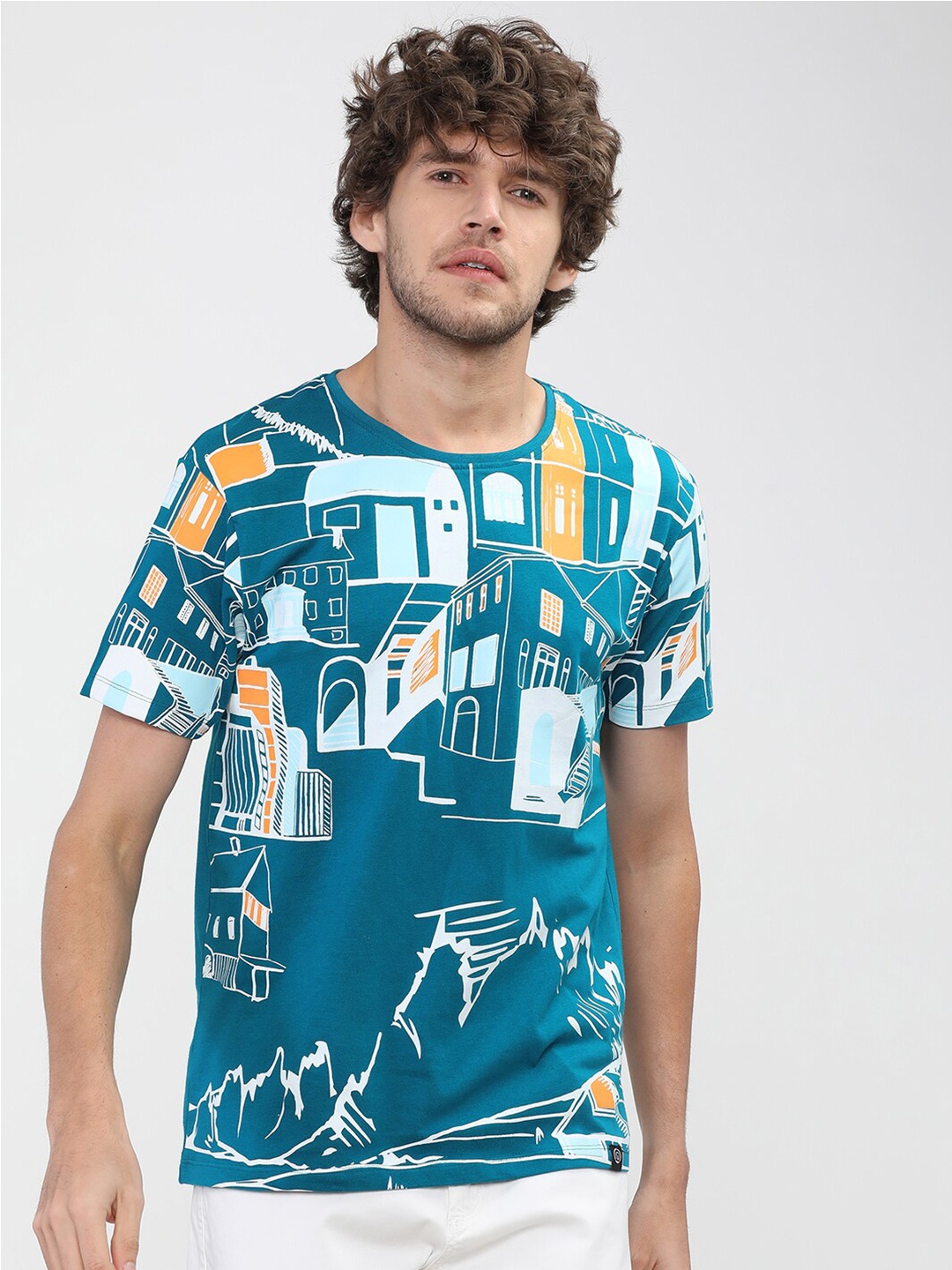 

LOCOMOTIVE Men Teal & White Printed Slim Fit Cotton T-shirt