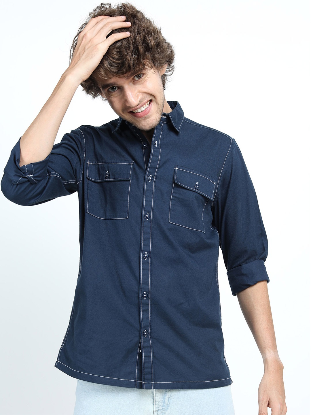 

LOCOMOTIVE Men Navy Blue Slim Fit Cotton Casual Shirt