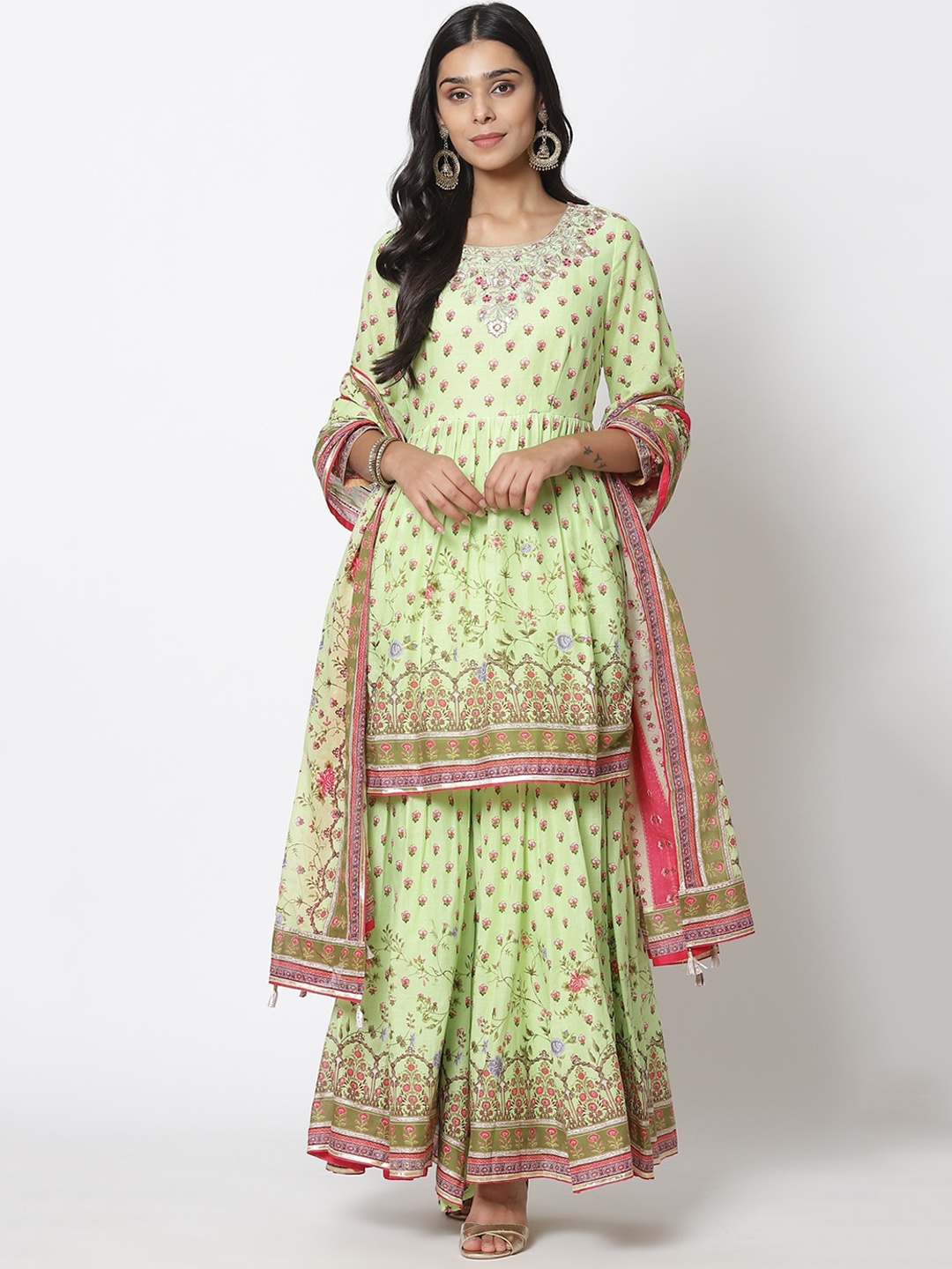 

Biba Women Pastel Green & Pink Ethnic Motifs Printed Kurta with Sharara & Dupatta