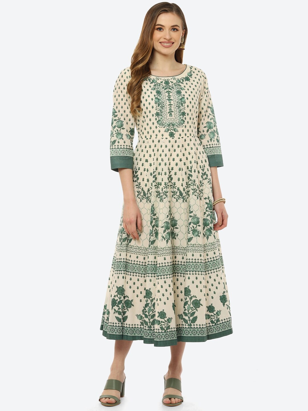 

Biba Green Ethnic Motifs Ethnic Midi Dress