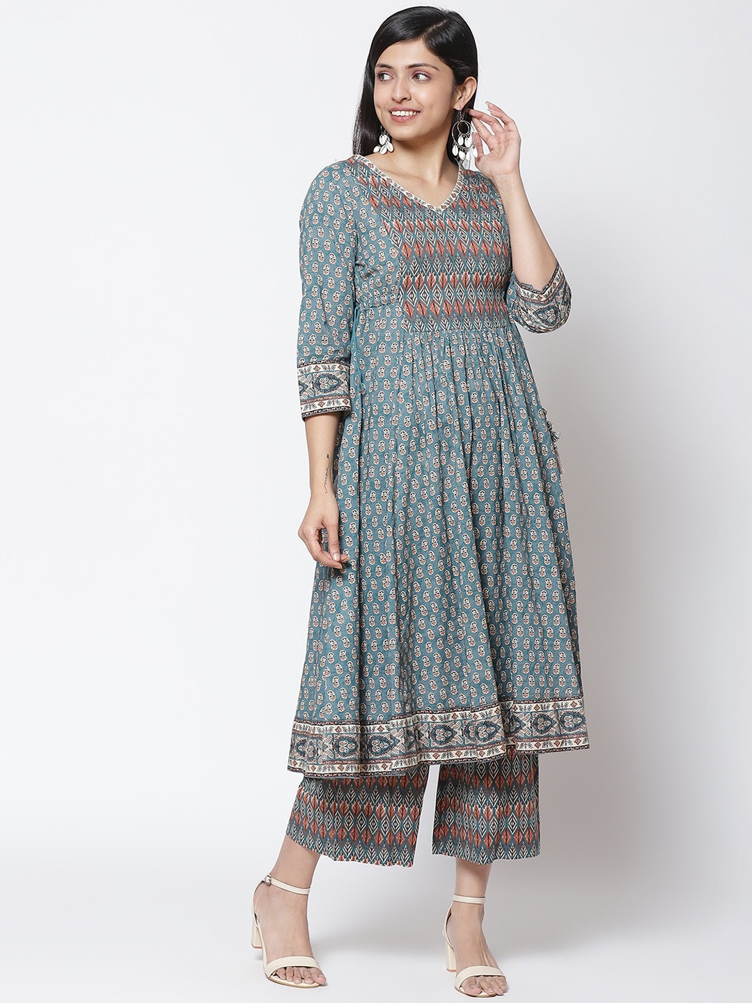 

Biba Women Teal Blue Ethnic Motifs Printed Pleated Pure Cotton Kurta with Palazzos