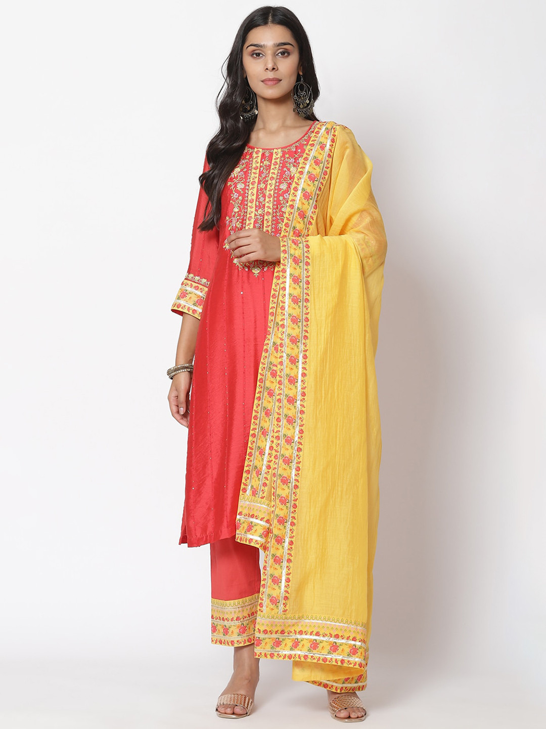 

Biba Women Red Floral Embroidered Panelled Sequinned Kurta with Trousers & With Dupatta