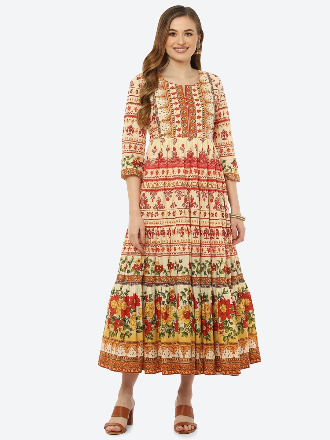 

Biba Women Cream-Coloured & Orange Floral Ethnic Midi Dress