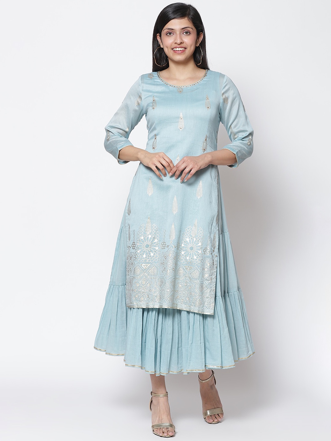 

Biba Blue & Golden Ethnic Motifs Printed Layered Ethnic A-Line Midi Dress