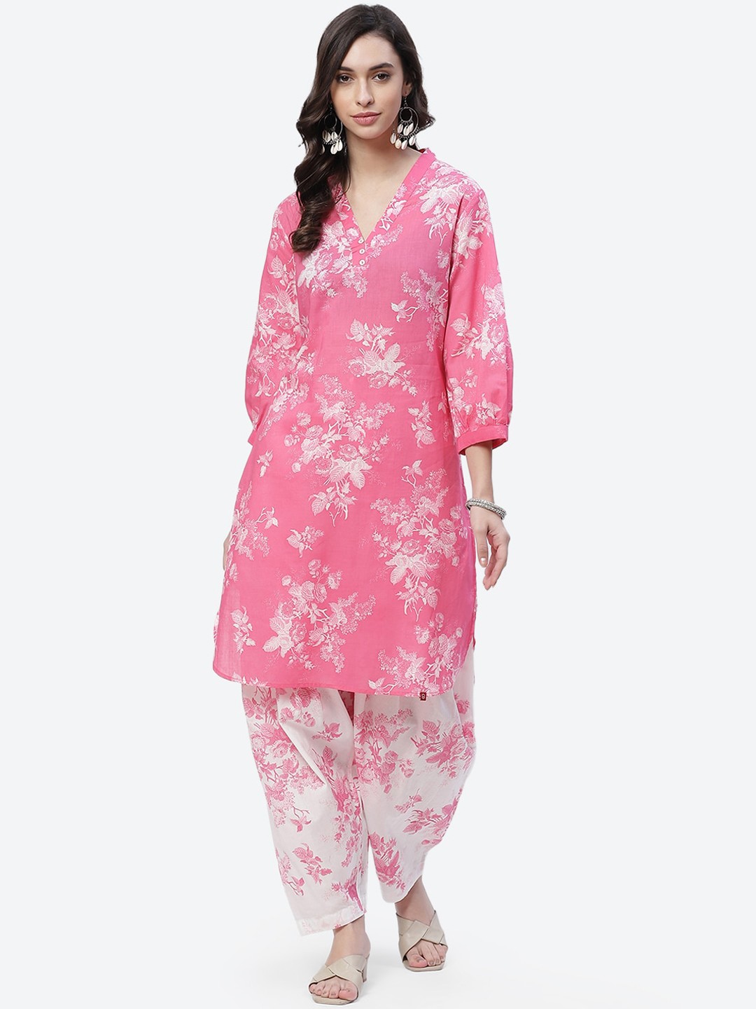 

Biba Women Pink & White Floral Printed Pure Cotton Kurta with Salwar