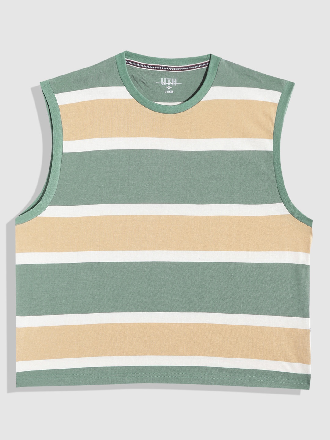 

UTH by Roadster Boys Green & Beige Striped Pure Cotton T-shirt