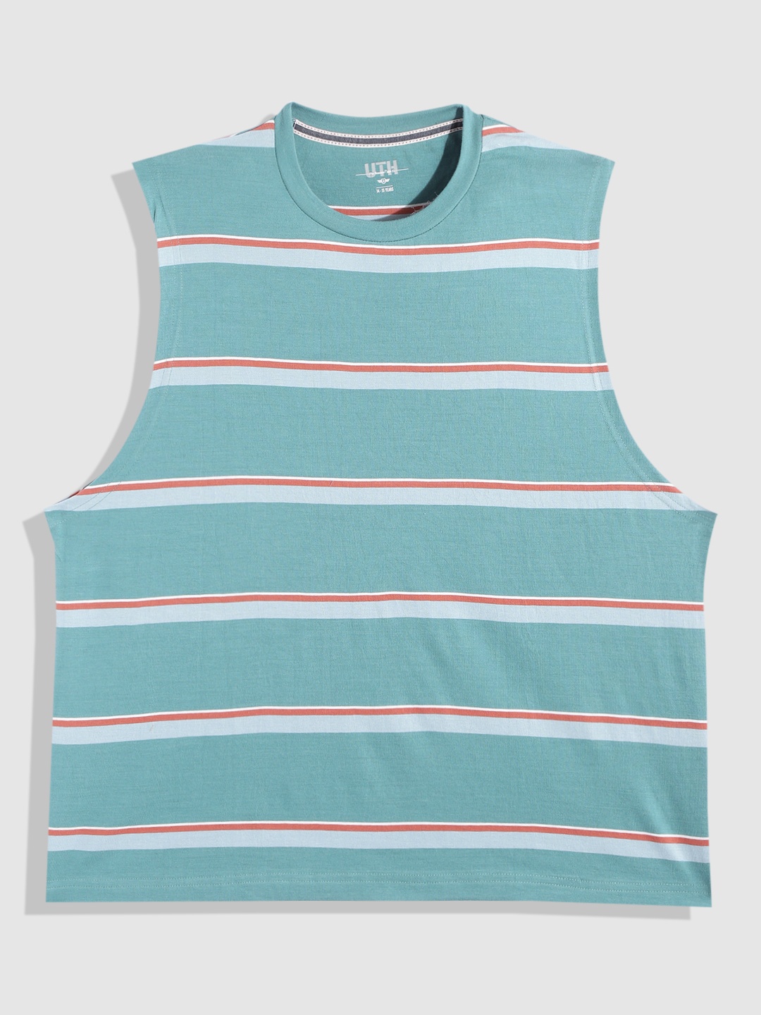 

UTH by Roadster Boys Sage Green & White Striped Pure Cotton T-shirt