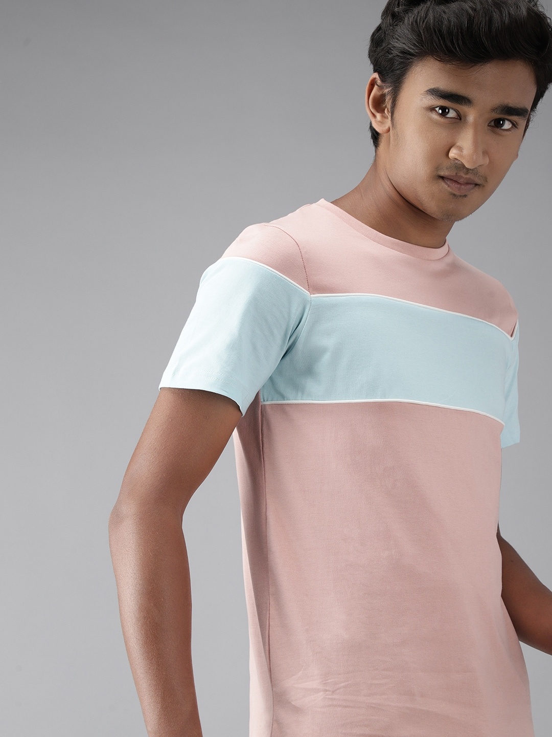 

UTH by Roadster Boys Peach-Coloured & Blue Pure Cotton Colourblocked T-shirt