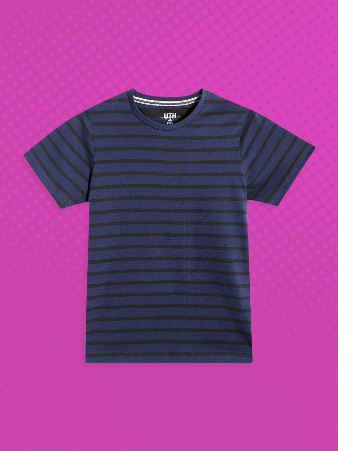 

UTH by Roadster Boys Navy Blue & Black Striped Pure Cotton T-shirt