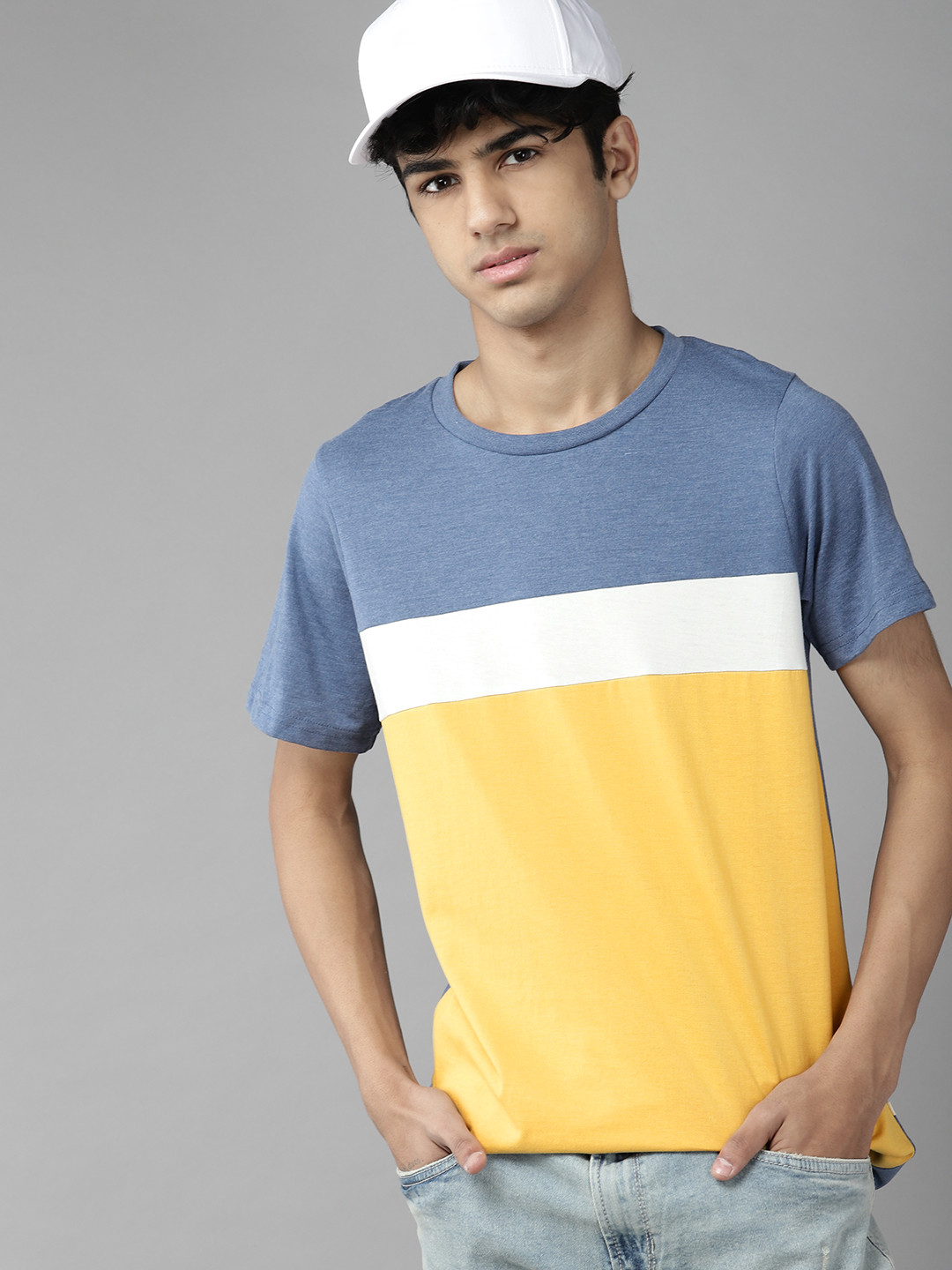 

UTH by Roadster Boys Blue & Mustard Yellow Pure Cotton Striped T-shirt