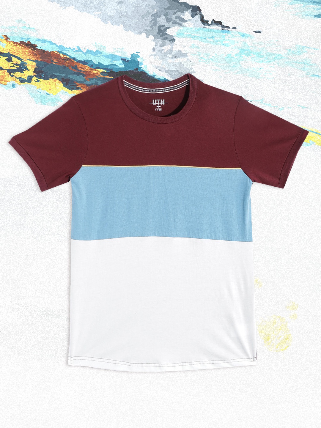 

UTH by Roadster Boys Maroon & Blue Colourblocked Pure Cotton T-shirt