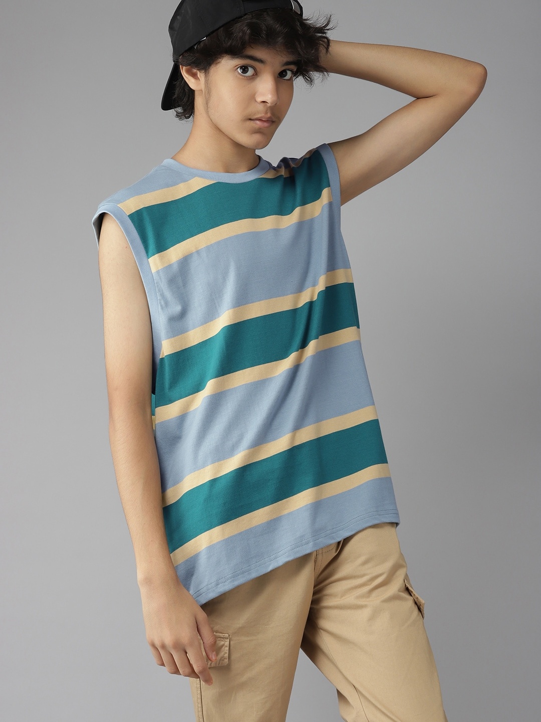 

UTH by Roadster Boys Blue & Green Striped Pure Cotton T-shirt